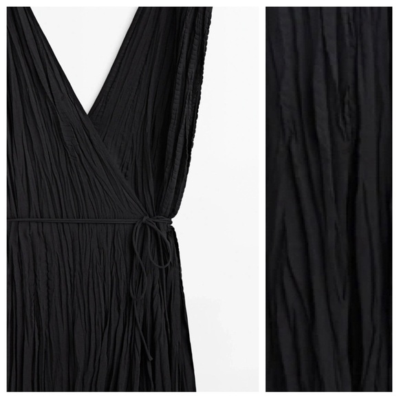 NWT. Massimo Dutti Black Pleated Wrap Dress with V-neckline. Size XS - Picture 7 of 10